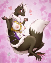 Rule 34 | 1girl, breasts, female focus, full body, furry, furry female, gradient background, melonleaf, nipples, open mouth, red eyes, skunk, solo, white hair