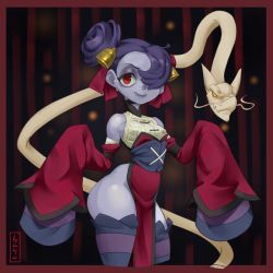 Rule 34 | 1girl, bare shoulders, blue skin, chinese clothes, colored skin, detached sleeves, hair over one eye, hayabusart, leviathan (skullgirls), monster girl, red eyes, skullgirls, squigly (skullgirls), stitched mouth, stitches, thighhighs, zombie