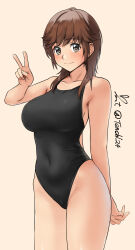 Rule 34 | 1girl, amagami, black one-piece swimsuit, breasts, brown eyes, brown hair, collarbone, competition swimsuit, covered navel, cowboy shot, highres, large breasts, looking at viewer, medium hair, one-piece swimsuit, sakurai rihoko, sidelocks, signature, smile, solo, swimsuit, twitter username, v, yoo tenchi