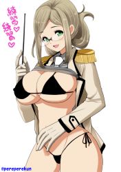 Rule 34 | 10s, 1girl, bikini, black bikini, blush, breasts, brown hair, cleavage, clothes lift, covered erect nipples, curvy, epaulettes, folded ponytail, glasses, gloves, green eyes, kantai collection, katori (kancolle), large breasts, long hair, looking at viewer, navel, open mouth, perepere-kun, pointer, shirt lift, smile, solo, swimsuit, translation request, uniform, wide hips