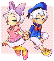 Rule 34 | 1boy, 1girl, adapted costume, animification, beret, blue eyes, bow, bracelet, daisy duck, disney, donald duck, earrings, hair bow, hat, high heels, jewelry, kiri futoshi, nail polish, one eye closed, pantyhose, personification, pink eyes, polka dot, sailor, shoes, smile, sneakers, white hair, wink, yellow pantyhose