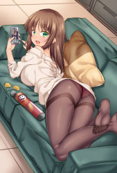 Rule 34 | 1girl, :d, alice gear aegis, ass, back, bad id, bad pixiv id, bare shoulders, blush, breasts, brown hair, cellphone, chips (food), couch, cushion, food, green eyes, highres, kaneshiya sitara, large breasts, long hair, looking at viewer, lying, on stomach, open mouth, panties, panties under pantyhose, pantyhose, phone, potato chips, pringles, purple panties, purple pantyhose, shirokuma a, smartphone, smile, solo, teeth, thighband pantyhose, underwear