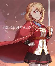Rule 34 | azur lane, blonde hair, blush, braid, cape, character name, french braid, frown, gloves, highres, kapatarou, looking at viewer, prince of wales (azur lane), red cape, red eyes, saber (weapon), short hair, sketch, solo, sword, thighhighs, weapon, white gloves, white thighhighs