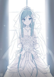 Rule 34 | 10s, 1girl, alternate costume, aoki hagane no arpeggio, blue eyes, blue hair, blush, bouquet, bridal veil, choker, dress, flower, jewelry, long hair, luzi, matching hair/eyes, mole, mole under mouth, necklace, signature, sketch, smile, solo, spot color, takao (aoki hagane no arpeggio), veil, very long hair, wedding dress, window