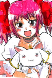 1girl :3 animal blush bow choker collarbone creature dress gloves hair_bow hepburn_(pixiv_1033192) holding holding_animal kaname_madoka kaname_madoka_(magical_girl) kyubey long_hair looking_at_viewer mahou_shoujo_madoka_magica mahou_shoujo_madoka_magica_(anime) marker_(medium) open_mouth pink_dress pink_eyes pink_hair puffy_sleeves red_bow red_eyes short_sleeves smile traditional_media twintails upper_body white_background white_gloves