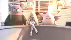 Rule 34 | 1girl, 3d, arm support, bewear, blonde hair, clefable, creatures (company), crossed legs, game freak, gen 1 pokemon, gen 7 pokemon, hair over one eye, indoors, lens flare, long hair, looking at viewer, lusamine (pokemon), nintendo, pokemon, pokemon (creature), pokemon sm, sitting, television, very long hair