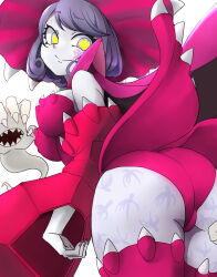 Rule 34 | 1girl, appmon, ass, breasts, cameltoe, cape, closed mouth, colored skin, detached sleeves, digimon, digimon (creature), digimon universe: appli monsters, eyelashes, facial mark, fingernails, grey skin, hat, highres, large breasts, leotard, long sleeves, marukakisuto, open clothes, open skirt, pink cape, pink leotard, pink thighhighs, purple hair, sharp fingernails, short hair, skirt, smile, solo focus, symbol-shaped pupils, thighhighs, warudamon, witch, witch hat