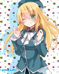 Rule 34 | 10s, 1girl, ;), atago (kancolle), beret, blonde hair, blue eyes, hat, kantai collection, long hair, looking at viewer, mogu (au1127), one eye closed, sketch, smile, solo, twitter username