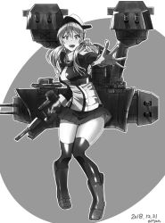Rule 34 | 1girl, anchor hair ornament, attyon, boots, breasts, dated, full body, gloves, greyscale, hair between eyes, hair ornament, hat, highres, holding, kantai collection, large breasts, long hair, long sleeves, looking at viewer, military, military uniform, monochrome, open mouth, peaked cap, pleated skirt, prinz eugen (kancolle), rigging, signature, simple background, skirt, solo, thighhighs, uniform