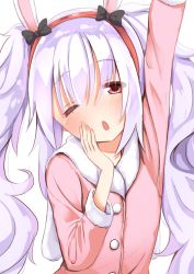 Rule 34 | 1girl, ame., animal ears, arm up, azur lane, black bow, blush, bow, commentary request, fur-trimmed jacket, fur-trimmed sleeves, fur trim, hair between eyes, hairband, head tilt, jacket, laffey (azur lane), long hair, looking at viewer, one eye closed, parted lips, rabbit ears, red eyes, red hairband, red jacket, silver hair, simple background, sleepy, solo, stretching, tears, twintails, very long hair, white background, yawning