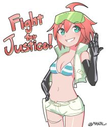 Rule 34 | 10s, 1girl, aqua eyes, bad id, bad pixiv id, bikini, bikini top only, cropped jacket, elbow gloves, english text, gloves, hand on own hip, looking at viewer, luluco, mason (artist), mason (ohn0500), navel, red hair, safety glasses, shorts, skeleton print, smile, solo, spoilers, striped bikini, striped bikini top, striped clothes, swimsuit, trigger-chan, trigger (company), uchuu patrol luluco