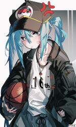 Rule 34 | 1girl, absurdres, anger vein, aqua eyes, aqua hair, bandaid, bandaid on cheek, bandaid on face, baseball cap, basketball, hand in pocket, hat, hatsune miku, highres, jacket, jewelry, long hair, looking at viewer, open clothes, open jacket, pendant, qys3, solo, twintails, vocaloid