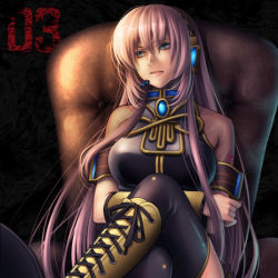 Rule 34 | 1girl, blue eyes, boots, breasts, headphones, headset, kayu, knee boots, large breasts, crossed legs, long hair, megurine luka, microphone, pink hair, sitting, solo, thighhighs, vocaloid
