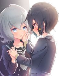 Rule 34 | 10s, 2girls, black dress, black hair, black jacket, black sailor collar, blue eyes, blush, collarbone, commentary request, dress, eye contact, fingernails, grey neckerchief, hair between eyes, hand on another&#039;s face, jacket, konno junko, looking at another, matokechi, mizuno ai, multiple girls, neckerchief, parted lips, profile, red eyes, sailor collar, sailor dress, silver hair, smile, upper body, yuri, zombie land saga