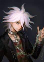 Rule 34 | 1boy, akiko 141, black jacket, broken, broken chain, chain, chained, collar, collarbone, commentary request, cuffs, danganronpa (series), danganronpa another episode: ultra despair girls, hair between eyes, hand up, handcuffs, highres, jacket, komaeda nagito, long sleeves, looking at viewer, male focus, nail polish, open clothes, open jacket, red nails, servant (danganronpa), shackles, smile, solo, upper body, white hair