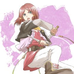 Rule 34 | 1girl, belt, black jacket, blue eyes, boots, brown footwear, dual wielding, hair ornament, holding, holding knife, jacket, knife, long sleeves, mishiro (andante), open clothes, open jacket, open mouth, pants, red hair, rose (tales), short hair, solo, tales of (series), tales of zestiria, white pants