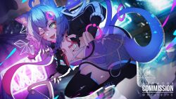 Rule 34 | 1girl, absurdres, ahoge, animal ears, black nails, black thighhighs, blue hair, braid, breasts, cat ears, cat tail, commission, facial mark, fang, green eyes, highres, indie virtual youtuber, long hair, medium breasts, nostdoro, one eye closed, open mouth, pix os, see-through, see-through skirt, skin fang, skirt, solo, tail, thighhighs, twin braids, virtual youtuber, whisker markings