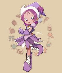Rule 34 | 1girl, absurdres, akairosu, book, boots, bubble, cauldron, commentary, dress, earrings, english commentary, envelope, feathers, flask, full body, gloves, hat, highres, jewelry, knee boots, looking at viewer, magical girl, ojamajo doremi, one side up, open mouth, pointy footwear, purple dress, purple eyes, purple footwear, purple gloves, purple hair, purple hat, ribbon, segawa onpu, smile, solo, standing, standing on one leg, star (symbol), witch hat