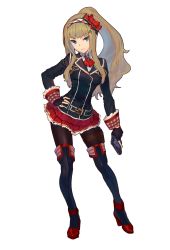 Rule 34 | 1girl, alicia florentina, aqua eyes, black gloves, fingerless gloves, full body, gloves, gun, hair over shoulder, hairband, hand on own hip, high ponytail, highres, holding, holding gun, holding weapon, holster, leggings, long hair, long sleeves, looking at viewer, official art, peroshi (graphic loops), sidelocks, simple background, skirt, sleeve cuffs, smile, solo, standing, thigh holster, thighhighs, toys drive, weapon, white background