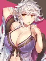 Rule 34 | 10s, 1girl, adjusting hair, arm behind head, arm up, armpits, asymmetrical hair, babydoll, bad id, bad pixiv id, bare shoulders, black background, breasts, camisole, cleavage, collarbone, front-tie top, hair between eyes, hair down, huge breasts, jitome, kantai collection, large breasts, lingerie, long hair, looking at viewer, mouth hold, multicolored background, navel, pink background, pokoten (pokoten718), see-through, silver hair, solo, underwear, unryuu (kancolle), upper body, very long hair, wavy hair, yellow eyes