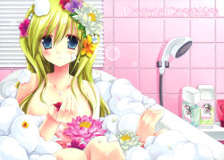 Rule 34 | 1girl, absurdres, arm support, bath, bathing, bathroom, bathtub, window blinds, blue eyes, blush, breasts, bubble, bubble bath, collarbone, convenient censoring, english text, engrish text, flower, foam, green hair, hair between eyes, hair flower, hair ornament, highres, holding, indoors, knees up, long hair, looking at viewer, miyasu risa, nude, original, page number, parted lips, partially submerged, petals, ranguage, scan, shampoo, shower head, sitting, soap bubbles, solo, tile wall, tiles, water