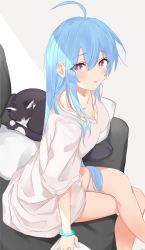 Rule 34 | 1girl, absurdres, ahoge, azur lane, blue hair, blush, cat, couch, crossed legs, hair between eyes, helena (azur lane), highres, long hair, looking at viewer, open mouth, pillow, purple eyes, shirt, solo, thighs, vayneeeee, white background, white shirt, wristband