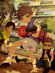 Rule 34 | 3boys, :o, bag, ball, brown eyes, brown hair, building, child, dutch angle, glasses, holding, leaf, looking at viewer, male focus, multiple boys, noeyebrow (mauve), original, outdoors, shirt, shorts, sitting, socks, t-shirt, tree, tube, wind