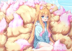 Rule 34 | 1girl, absurdres, animal ear fluff, animal ears, blonde hair, blue eyes, fluff, fox ears, fox girl, hair between eyes, highres, hood, hoodie, komuginyan, long hair, looking at viewer, multicolored hair, multiple tails, open mouth, original, pink hair, solo, tail, too many, too much fluff