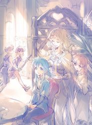 Rule 34 | 2boys, 3girls, :o, absurdres, blonde hair, blue hair, bomssp, brushing another&#039;s hair, cape, circlet, dress, edain (fire emblem), fire emblem, fire emblem: genealogy of the holy war, brushing hair, hands on lap, highres, lana (fire emblem), larcei (fire emblem), long hair, medium hair, multiple boys, multiple girls, nintendo, open mouth, running, scathach (fire emblem), seliph (fire emblem), sitting, sketch, smile, sword, wavy hair, weapon