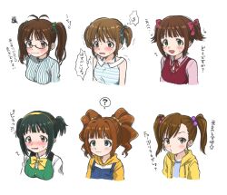 Rule 34 | 6+girls, :3, :d, akizuki ritsuko, alternate hairstyle, amami haruka, angry, antenna hair, averting eyes, bare shoulders, blue eyes, blue overalls, blue ribbon, blue shirt, blunt bangs, blush, bow, bowtie, breasts, brown eyes, brown hair, collared shirt, commentary, confused, cropped arms, cropped torso, dress shirt, embarrassed, eyelashes, frown, futami mami, glasses, green eyes, green hair, green scrunchie, hagiwara yukiho, hair bobbles, hair bow, hair ornament, hair ribbon, hairband, halterneck, highres, hood, hood down, hoodie, idolmaster, idolmaster (classic), light smile, long hair, long sleeves, looking ahead, looking at viewer, medium breasts, mole, mole under mouth, multiple girls, naruse ill, neck ribbon, nose blush, open mouth, otonashi kotori, overalls, parted lips, pink bow, pink ribbon, pink shirt, pursed lips, raglan sleeves, raised eyebrows, red bow, red bowtie, red ribbon, red sweater vest, ribbon, school uniform, scribble, scrunchie, semi-rimless eyewear, shirt, short hair, short twintails, sidelocks, sleeveless, sleeveless shirt, small breasts, smile, speech bubble, striped clothes, striped shirt, sweater vest, swept bangs, t-shirt, takatsuki yayoi, tearing up, thought bubble, translated, trembling, twintails, two-tone hoodie, two-tone shirt, under-rim eyewear, vertical-striped clothes, vertical-striped shirt, wavy mouth, white hoodie, white shirt, yellow bow, yellow bowtie, yellow hairband, yellow hoodie, yellow scrunchie