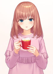 Rule 34 | 1girl, blue eyes, blush, brown hair, commentary request, cup, drink, fringe trim, gohei (aoi yuugure), highres, holding, holding cup, long hair, long sleeves, mug, original, parted lips, purple sweater, simple background, smile, solo, steam, sweater, upper body, white background