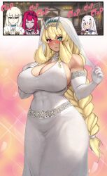 Rule 34 | 4girls, absurdres, alternate costume, baobhan sith (fate), bare shoulders, barghest (fate), blonde hair, blush, braid, breasts, bridal veil, bride, clapping, cleavage, covered abs, covered navel, dress, fate/grand order, fate (series), green eyes, heterochromia, highres, huge breasts, long hair, melusine (fate), morgan le fay (fate), multiple girls, muscular, muscular female, raskasar, red eyes, veil, very long hair, white dress
