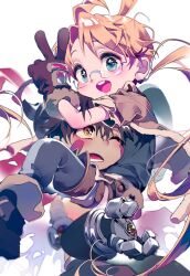 Rule 34 | 1boy, 1girl, aqua eyes, black shirt, blonde hair, brown gloves, brown hair, brown jacket, brown shorts, child, fake horns, glasses, gloves, hair between eyes, helmet, highres, horned helmet, horns, jacket, long hair, looking at viewer, low twintails, made in abyss, mechanical arms, one eye closed, open mouth, parted bangs, regu (made in abyss), riko (made in abyss), shirt, short hair, short sleeves, shorts, smile, teeth, twintails, upper teeth only, v, vivinos, white background, yellow eyes