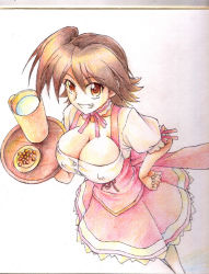 Rule 34 | 1girl, akashi yuuna, breasts, brown hair, cleavage, covered erect nipples, cup, from above, grin, hand on own hip, happy, hip focus, large breasts, looking at viewer, looking up, mahou sensei negima!, majin go!, mug, no bra, ponytail, ribbon, shikishi, side ponytail, skirt, smile, solo, traditional media, tray, waitress, waitress uniform
