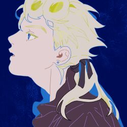 Rule 34 | 1boy, alternate hairstyle, blonde hair, blue eyes, collar, earrings, flat color, frilled collar, frills, giorno giovanna, hair ribbon, jewelry, jojo no kimyou na bouken, limited palette, lowres, male focus, morikiri, ponytail, profile, ribbon, solo, vento aureo