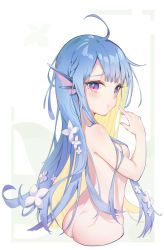 Rule 34 | 1girl, ass, blue hair, breasts, closed mouth, completely nude, fins, flower, hair flower, hair ornament, head fins, highres, long hair, looking at viewer, mishuo (misuo69421), nude, original, pink eyes, pout, small breasts, solo, very long hair