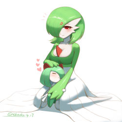 Rule 34 | 2girls, = =, absurdres, artist name, blush, bob cut, breasts, child, cleavage, closed eyes, closed mouth, collarbone, colored skin, creatures (company), dated, enddada, female focus, full body, game freak, gardevoir, gen 3 pokemon, green hair, green skin, hair ornament, hair over one eye, hairclip, half-closed eyes, hand on another&#039;s head, hand up, happy, heart, highres, kirlia, kneeling, knees up, legs together, looking at another, looking down, medium breasts, medium hair, multicolored skin, multiple girls, nintendo, notice lines, one eye covered, pokemon, pokemon (creature), red eyes, shiny skin, short hair, sidelocks, signature, simple background, sitting, size difference, smile, two-tone skin, wariza, white background, white skin