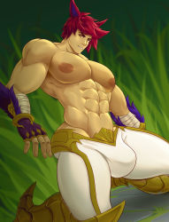 Rule 34 | 1boy, abs, animal ears, bulge, forest, highres, league of legends, looking at viewer, male focus, muscular, muscular arms, muscular legs, muscular male, nature, no cape, no shirt, pectorals, pink hair, river, sett (league of legends), smile, smirk, smug, solo, submerged, yellow eyes