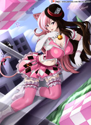 Rule 34 | 1girl, absurdres, animal ears, blush, boots, breasts, brown eyes, brown hair, cat ears, cleavage, dress, elbow gloves, gloves, hat, high heel boots, high heels, highres, large breasts, long hair, looking at viewer, multicolored hair, navel, neo politan, pink eyes, pink hair, rwby, solo, tail, thighhighs, tongue, tongue out, vilde loh hocen, white footwear, white heels