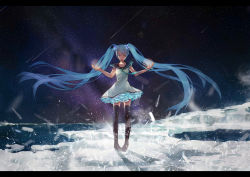Rule 34 | 1girl, aqua hair, bad id, bad pixiv id, boots, dress, floating hair, hatsune miku, highres, letterboxed, long hair, momozi (mkingnight), night, night sky, pigeon-toed, sailor dress, shooting star, sky, solo, star (sky), starry sky, thigh boots, thighhighs, twintails, very long hair, vocaloid, wink