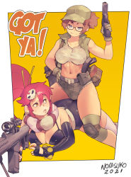Rule 34 | 2girls, absurdres, anti-materiel rifle, artist name, ass, belt, bikini, black-framed eyewear, black shorts, blue eyes, breasts, brown hair, cleavage, closed mouth, commentary, crossover, dated, english commentary, english text, fio germi, girl on top, glasses, green headwear, grey shorts, gun, hair between eyes, hair ornament, handgun, hat, highres, holding, holding gun, holding weapon, large breasts, legs, long hair, looking at another, lying, metal slug, multiple girls, norasuko, on stomach, pistol, ponytail, red hair, rifle, scarf, sexually suggestive, short hair, shorts, signature, simple background, sitting, sitting on person, skull hair ornament, smile, sniper rifle, striped clothes, striped scarf, swimsuit, tengen toppa gurren lagann, thighs, two-tone background, weapon, white background, yellow background, yellow eyes, yoko littner