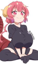Rule 34 | 1girl, absurdres, bad feet, black shirt, black thighhighs, breasts, closed mouth, commentary request, dragon tail, highres, horns, huge breasts, ilulu (maidragon), impossible clothes, impossible shirt, kobayashi-san chi no maidragon, large breasts, long hair, long shirt, looking at viewer, pink eyes, pink hair, pointy ears, shirt, shirt tug, sideways glance, sitting, slit pupils, smile, solo, tail, takahan, thighhighs, twitter username