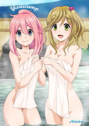 Rule 34 | 2girls, bath, bathing, blue eyes, blurry, blurry background, blush, breasts, brown hair, collarbone, commentary, commentary request, copyright name, covering privates, cowboy shot, english commentary, eyelashes, fang, green eyes, hair between eyes, hair up, hand on another&#039;s back, hands up, highres, holding, holding towel, inuyama aoi, kagamihara nadeshiko, long hair, looking at viewer, medium breasts, mixed-language commentary, multiple girls, naked towel, nude, nude cover, onsen, open mouth, outdoors, pink hair, rider (orange couture), rock, shadow, short eyebrows, side ponytail, sidelocks, skin fang, small breasts, smile, standing, steam, swept bangs, thick eyebrows, thighs, towel, wading, water, yurucamp