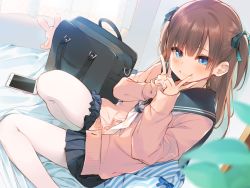 Rule 34 | 1girl, bag, bed sheet, blue eyes, blue skirt, blurry, blush, brown hair, buttons, cellphone, closed mouth, commentary request, curtains, depth of field, double v, hair ribbon, iku ki, indoors, long hair, looking at viewer, neckerchief, on bed, original, pantyhose, phone, pink sweater, plant, pleated skirt, ribbon, sailor collar, school uniform, sitting, skirt, smartphone, smile, solo, stuffed animal, stuffed rabbit, stuffed toy, sweater, two side up, v, white neckerchief, white pantyhose