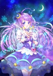 Rule 34 | 1girl, cowboy shot, crescent, crescent earrings, crescent moon, cure selene, dress, earrings, hair ornament, hair ribbon, hand on own chest, highres, jewelry, kaguya madoka, looking at viewer, magical girl, moon, night, outdoors, pouch, precure, puffy short sleeves, puffy sleeves, purple dress, purple eyes, purple hair, ribbon, see-through, see-through skirt, short sleeves, skirt, sky, smile, snowflakes, solo, star (sky), star color pendant, star twinkle precure, starry sky, waka (negronoir)