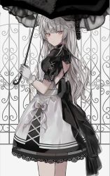 Rule 34 | 1girl, animal ears, backless dress, backless outfit, black dress, black umbrella, cat ears, cat girl, chiemo (xcem), dress, gloves, grey hair, highres, long hair, looking at viewer, original, parasol, pink eyes, puffy short sleeves, puffy sleeves, short sleeves, smile, umbrella, white gloves