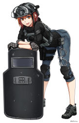 Rule 34 | 1girl, :d, absurdres, ammunition pouch, ballistic shield, black footwear, black jacket, blue pants, brown eyes, brown hair, cable tie, commentary request, full body, gloves, grey gloves, grey headwear, hair between eyes, helmet, highres, holstered, jacket, knee pads, leaning forward, looking at viewer, magazine (weapon), ndtwofives, open mouth, original, pants, pouch, riot shield, shield, shoes, short sleeves, simple background, smile, solo, standing, twitter username, white background