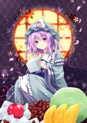 Rule 34 | 1girl, absurdres, argyle, argyle background, argyle clothes, arm garter, blue dress, blush, bug, butterfly, cherry, cherry blossoms, closed mouth, dress, food, frilled shirt collar, frills, fruit, hat, highres, insect, japanese clothes, kimono, kure~pu, light purple hair, long sleeves, looking at viewer, mob cap, petals, puffy sleeves, purple eyes, ripples, saigyouji yuyuko, sash, short hair, sitting, smile, solo, touhou, triangular headpiece, veil, wide sleeves