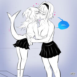 Rule 34 | 2girls, breasts, closed eyes, commentary, english commentary, fins, fish tail, gawr gura, hair ornament, heart, height difference, highres, hololive, hololive english, kiss, large breasts, medium hair, multiple girls, nipples, ouro kronii, shared speech bubble, shark girl, shark hair ornament, shark tail, size difference, small breasts, speech bubble, stairs, sytokun, tail, virtual youtuber, yuri