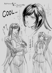 Rule 34 | 1girl, ado (utaite), adochansukisuki, bow, bowtie, chando (ado), cloud nine inc, collared shirt, commentary, dress shirt, gloves, greyscale, highres, long hair, long sleeves, looking at viewer, mole, mole under eye, monochrome, multiple views, one eye closed, pants, parted lips, shirt, smile, sparkle, translation request, utaite